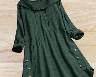 Haut de chemise à capuche grande taille à carreaux avec décor de boutons et ourlet bas