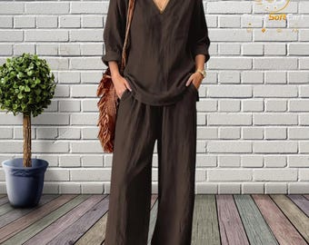 Haut décontracté à col en V, manches longues et pantalons larges pour femmes - Tenue d'été décontractée