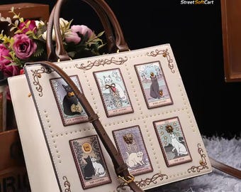 Sac fourre-tout en cuir souple Tarot Cat - Sac à main brodé bandoulière