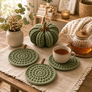 May include: A set of three sage green crocheted items including one round pumpkin-shaped decor piece and two circular coasters, each featuring a small brown stem detail. The items are arranged on a light-coloured fringed placemat alongside a ceramic mug.
