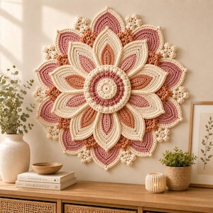 Può includere: Una decorazione da parete circolare con un design a fiore a più petali sovrapposti, realizzato in filo all'uncinetto nei toni del crema, rosa antico e terracotta. L'intricato motivo floreale testurizzato si irradia da un nucleo centrale.