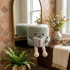 Crochet Toilet Paper Holder Pattern PDF – Cute Amigurumi Bathroom Buddy with Dangling Legs, Arms & Mini Book | Beginner Friendly Instant