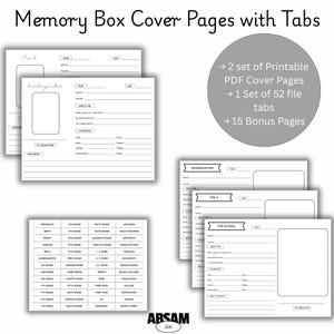 May include: A set of printable memory box cover pages with tabs, featuring black text on white paper. The pages include fields for school, teacher, favorites, and memories. A gray circle lists 2 sets of PDF cover pages, 52 file tabs, and 15 bonus pages.