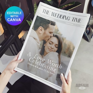 Op de afbeelding: Een trouwadvertentie in krantenstijl, getiteld "The Wedding Time", met een foto van een stel. De kop luidt "A Love Worth Celebrating". Het Canva-bewerkbare ontwerp toont een speciale editie voor Victoria & Robert.