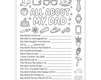 Cuestionario imprimible para el Día del Padre, Página para colorear "Todo sobre mi papá", Regalo del Día del Padre de parte de los niños, Hoja de trabajo para entrevistar a papá, PDF de recuerdo para papá