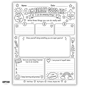 May include: A black and white printable worksheet titled I AM REALLY GOOD AT! featuring sections for writing three skills, a drawing box, a list for recent learning, and a section for self-pride. The page includes illustrations of stars, hearts, a sun, and a rainbow.