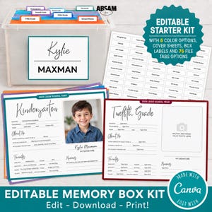 May include: A clear plastic storage bin with colorful file tabs labeled Kindergarten, Second Grade, Third Grade, Fifth Grade, and School Photos. Includes printable sheets for school year memories, featuring text fields for personal details and photos.