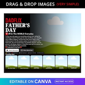 May include: A digital template featuring a DADFLIX FATHER'S DAY interface with a black sidebar, white text, and a landscape background of green hills and a grey cloud. The layout includes buttons for Watch Memories and More About Dad.