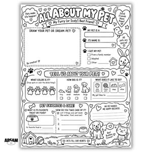 Puede incluir: Una hoja de actividades imprimible en blanco y negro titulada ALL ABOUT MY PET con secciones para dibujar una mascota, anotar su nombre y responder preguntas sobre su tamaño, comida favorita y cuidados, decorada con ilustraciones de animales.