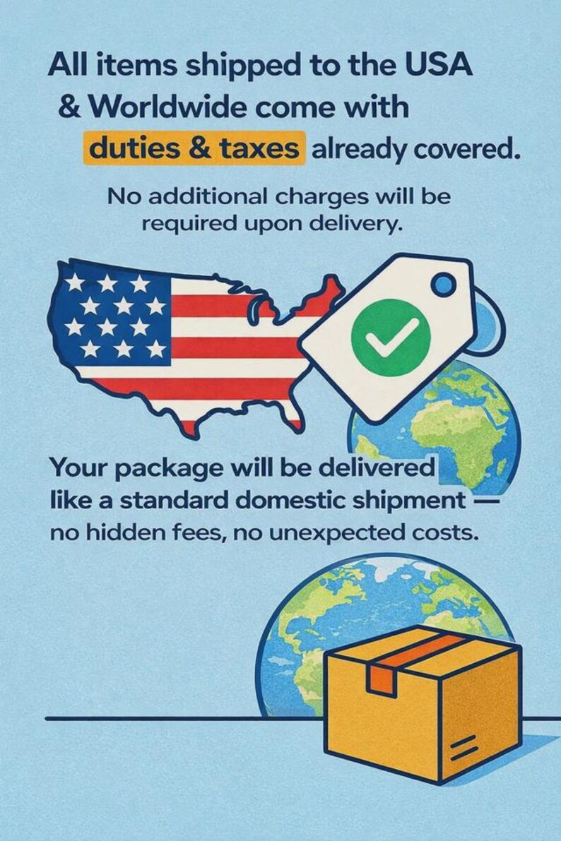 May include: Graphic with text stating "All items shipped to the USA & Worldwide come with duties & taxes already covered." Includes a map of the USA, a tag with a checkmark, a globe, and a package.