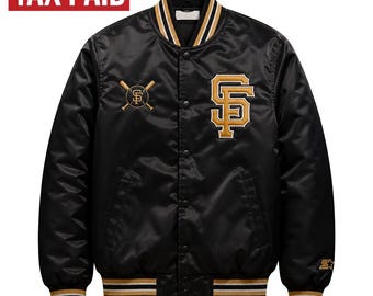 San Francisco Giants Black Satin Bomber Jacket, Baseball Letterman Snap Button