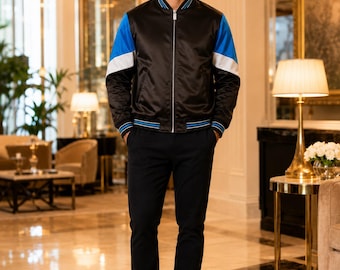 Men's Black Blue White Sleeve Satin Bomber Jacket, Retro Varsity Style