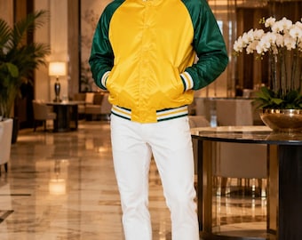 Handmade Satin Varsity Jacket | Men’s Letterman Coat, Retro Baseball Style, Shiny Streetwear Jacket
