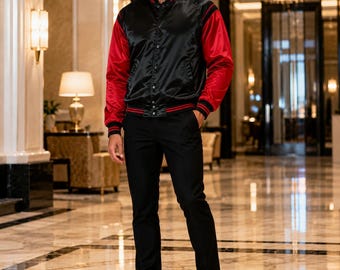 Men’s Black Red Satin Jacket, Retro Varsity Bomber Coat, Lightweight Streetwear Outerwear