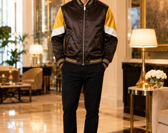 Handmade Brown Satin Varsity Bomber Jacket, Retro Men's Handsome Letterman Style Popular Coat