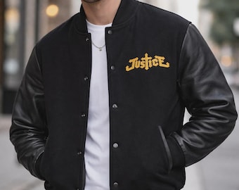Letterman Justice Cross Jacket, Black Wool Leather Baseball Streetwear