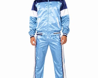 Light Blue Satin Tracksuit for Men | Shiny Two Piece Jacket and Pants Set | Retro Bomber Tracksuit | Blue White Streetwear Outfit