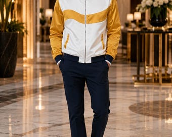 White Gold Satin Bomber Jacket for Men, Retro Zipper Jacket, Lightweight Streetwear Coat, Smart Casual Varsity Style
