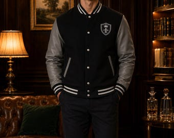 Handmade Black Wool Varsity Jacket, Grey Leather Sleeve Letterman Jacket, Duty Paid