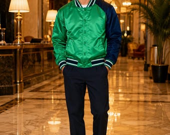 Men’s Green Satin Bomber Jacket | Retro Varsity Style Jacket | Casual Streetwear Snap Button Coat | Lightweight Fashion Jacket for Men