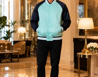 Handmade Satin Varsity Bomber Jacket, Navy Sleeves, Unisex Baseball Style