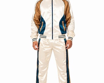 Satin Tracksuit Men | Shiny Jacket and Pants Set | Teal Gold Retro Streetwear Outfit | Unisex Bomber Tracksuit