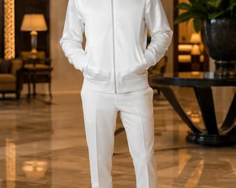 Handmade White Satin Bomber Jacket, Men's Minimalist Zipper Coat, Lightweight Streetwear