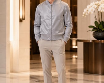 Silver Satin Bomber Jacket for Men, Grey Lightweight Jacket, Minimalist Button Coat, Smart Casual Streetwear Outerwear