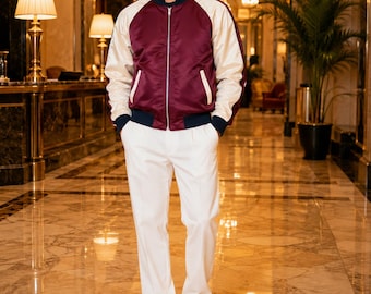 Mens Satin Bomber Jacket | Retro Varsity Style Jacket | Casual Streetwear Zip-Up Coat | Lightweight Fashion Jacket for Men