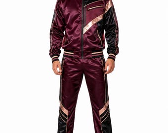 Shiny Satin Tracksuit Maroon Black Gold | Retro Streetwear Bomber Jacket & Pants Set