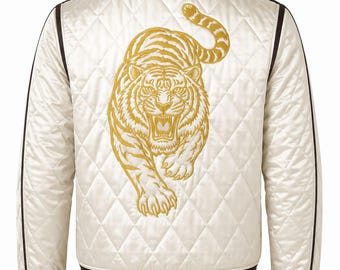 Golden Tiger Satin Bomber Jacket, Ivory Quilted Varsity Streetwear Coat