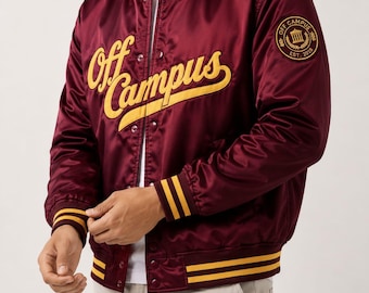 Off Campus Satin Varsity Jacket, Unisex Bomber Jacket, College Style Letterman Jacket, Multiple Colors
