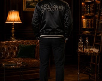 Handmade Black Satin Varsity Jacket, Padres Bomber Letterman Jacket, Duty Paid