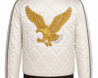 Quilted Ivory Satin Bomber Jacket, Golden Eagle Embroidery, Sukajan Style Streetwear Coat