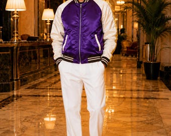 Purple Satin Varsity Jacket, Men’s Bomber Jacket, White Sleeve Letterman Coat, Retro Baseball Style, Shiny Party Jacket