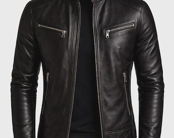 Men’s Black & Brown Leather Jacket – Slim Fit Biker Style Zip Up Fashion Jacket for Men | Vintage Classic Moto Jacket