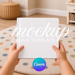 Può includere: Un mockup di libro bianco tenuto da una persona. La parola "mockup" è scritta in un carattere script in cima al libro, con "CANVA TEMPLATE" sotto. Un logo Canva si trova nell'angolo in basso a destra.
