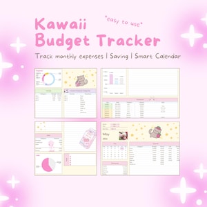 Puede incluir: Un Kawaii Budget Tracker rosa y blanco con el texto "Track monthly expenses | Saving | Smart Calendar". El diseño incluye gráficos, tablas e ilustraciones de un gato y otros elementos lindos. También se incluyen las palabras "easy to use".