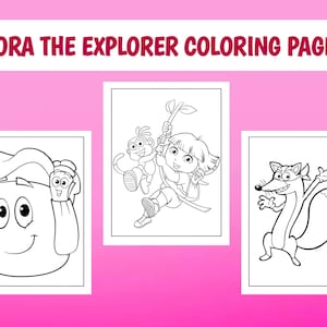 Könnte beinhalten: Drei Schwarz-Weiß-Malvorlagen mit Charakteren von Dora the Explorer. Die Seiten zeigen Dora mit einem Affen, einer Karte und einem Fuchs. Der Text "Dora the Explorer Coloring Pages" steht oben.