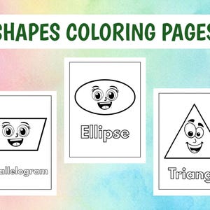 May include: Three coloring pages featuring cartoon shapes: a parallelogram, an ellipse, and a triangle. Each shape has a smiling face and is labeled with its name. The text "SHAPES COLORING PAGES" is at the top.