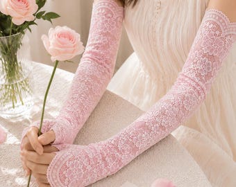 Women Long Floral Lace Fingerless Gloves | Vintage Driver Arm Sleeves