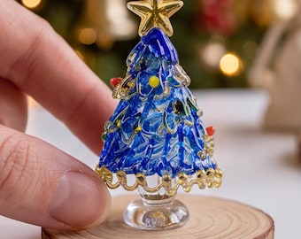 Mini Glass Christmas Tree Figurine, Handcrafted Holiday Decor, Festive Xmas Tree Ornament, Christmas Gift for Home Office Desk