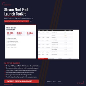 May include: A digital Steam Next Fest Launch Toolkit guide with a dark blue background. The toolkit includes a PDF guide, Excel spreadsheets, and an 8-week countdown planner. The text reads "Instant Digital Download."
