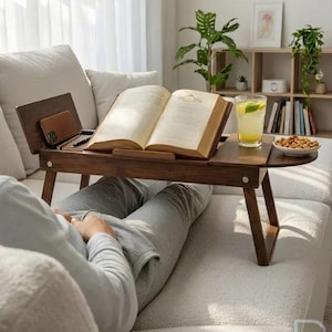 Escritorio plegable de madera hecho a mano para portátil, bandeja ajustable para cama, mesa de escritura portátil.