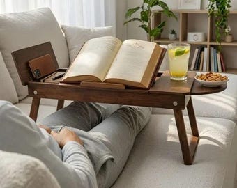 Handcrafted Folding Wooden Laptop Desk, Adjustable Bed Tray, Portable Writing Table