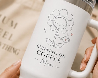 Vaso térmico Running On Coffee Mum | Taza de café de 1,2 litros para mamás | Taza de viaje minimalista con estampado floral | Regalo para mamás