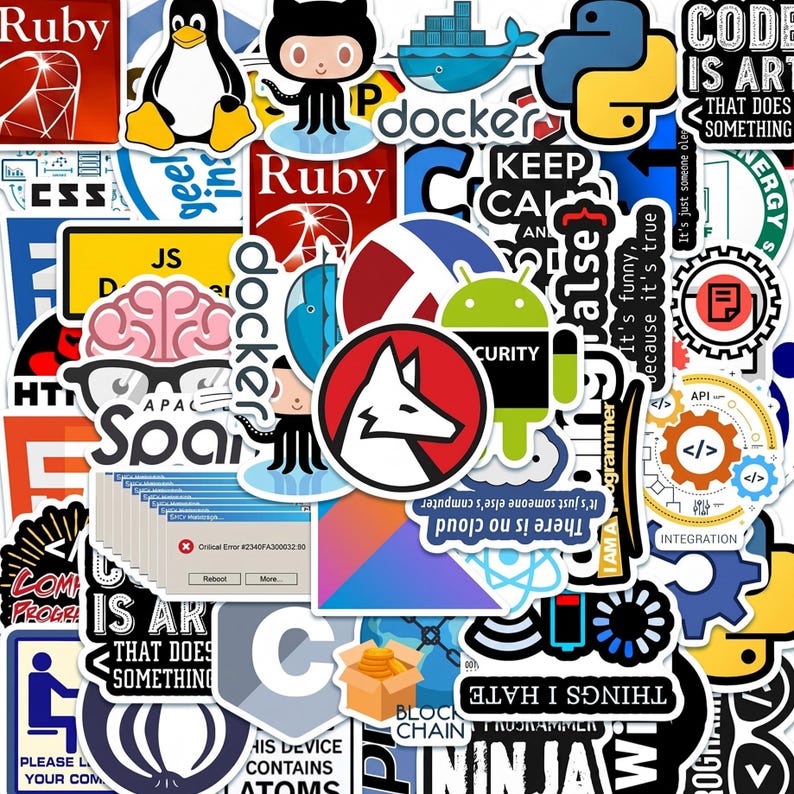 May include: A collection of assorted vinyl stickers featuring various programming, software development, and technology-themed logos, icons, and humorous text phrases like Code is Art, Docker, Ruby, and critical error pop-up window designs.