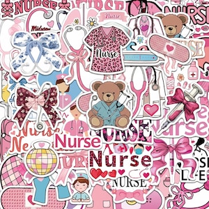 May include: A collection of nurse-themed stickers featuring pink and leopard print scrubs, stethoscopes, teddy bears in medical attire, syringes with bows, bandages, and bows. The word Nurse appears in various fonts, colours, and patterns throughout.