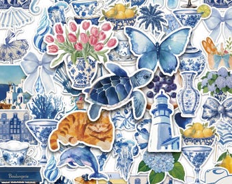 Paquete de 50 pegatinas decorativas azules con diseño de collage, pegatinas oceánicas, pegatinas costeras, pegatinas vintage, pegatinas bonitas para teléfonos, vasos y portátiles.