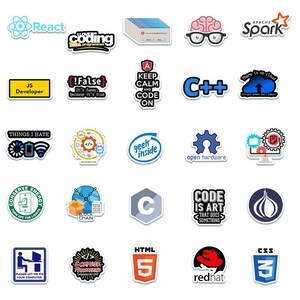 May include: A collection of twenty-five vinyl stickers featuring various programming and technology-themed designs, including logos for React, Apache Spark, C++, and HTML5, alongside humorous text-based slogans about coding and software development.